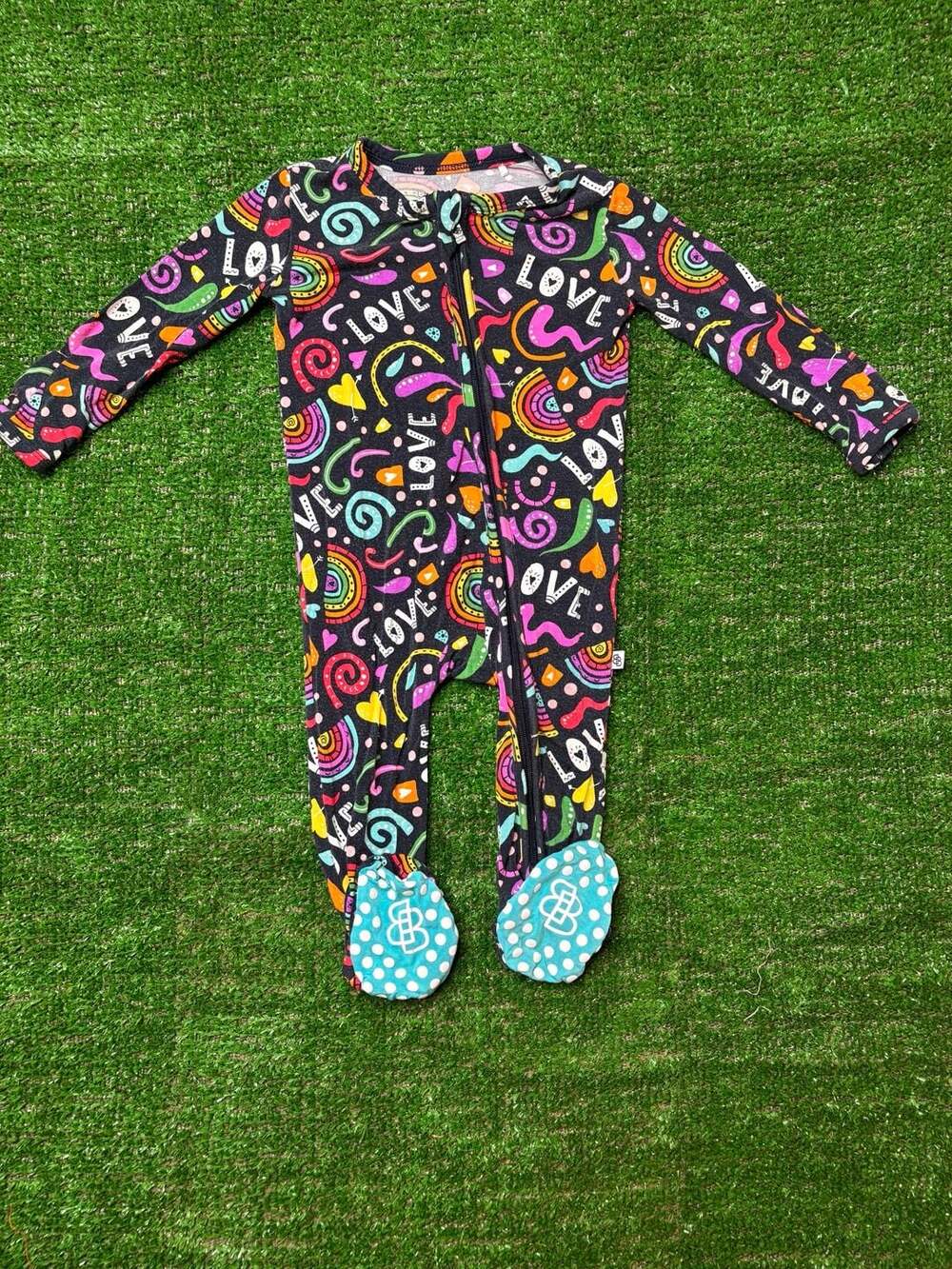 Little Bum Bums Black Love & Rainbows Print Zippy Footed Pajama Sleepsuit